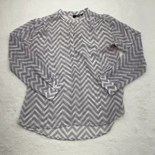 A.N.A Shirt Womens Large White Grey Chevron Long Sleeve Shear Round Neck READ