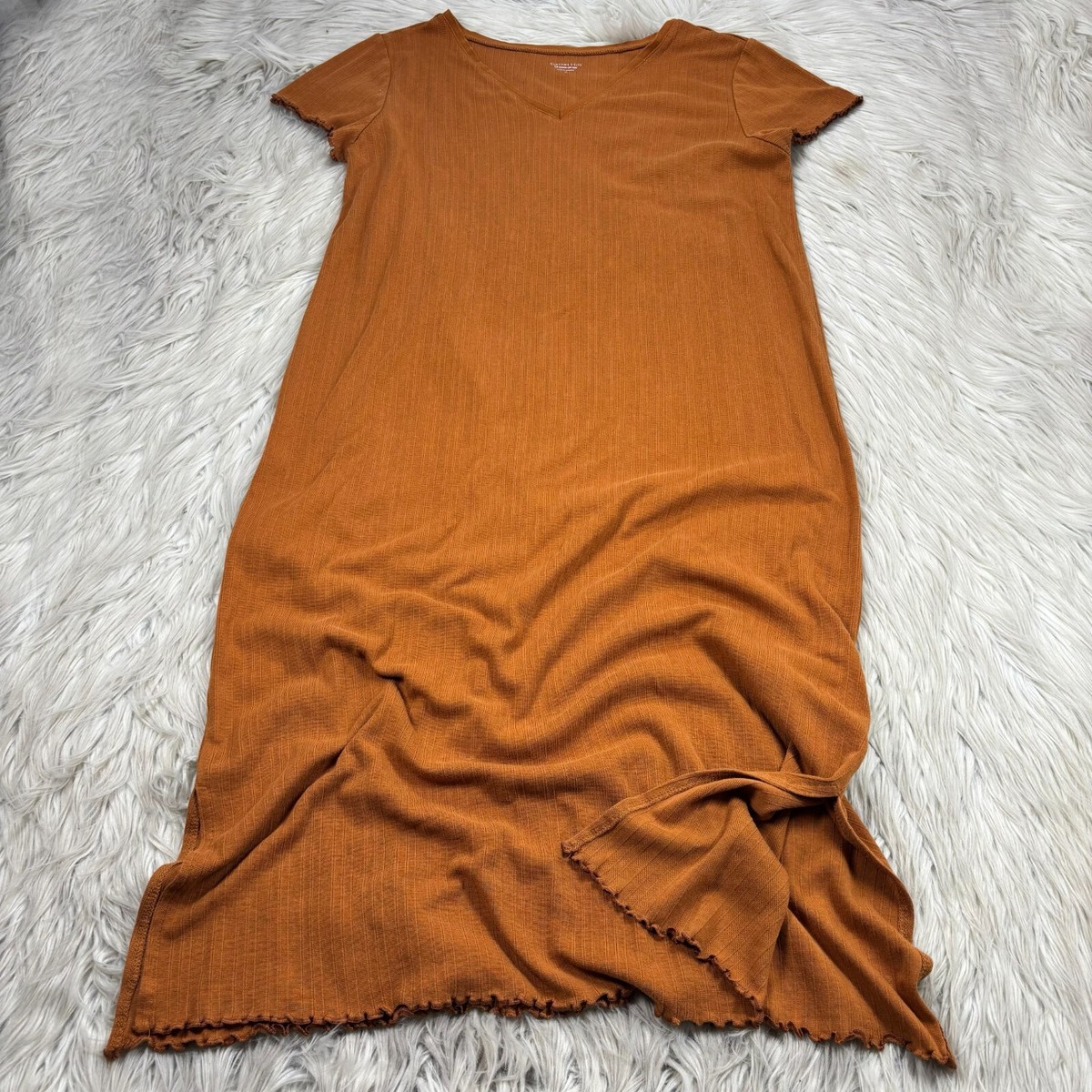 burnt orange ribbed dress Garnet Hill Women's M Orange Ribbed Short Sleeve Midi Dress Lettuce Hem  Cotton