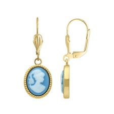 Boucles d'oreilles pendantes bord travaillé "camée" bleu  plaqué or 750/000