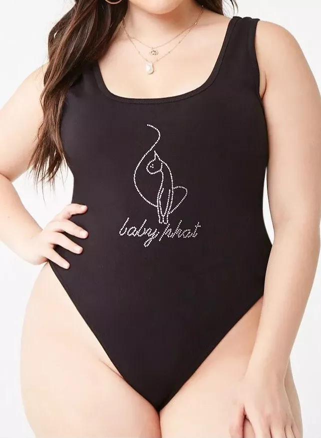 Forever 21 Baby Phat Black Thong Bodysuit Top Plus Rhinestone Logo Size 3X  NEW