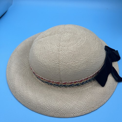 Genuine Panama Straw Hat Woven striped band Velvet Bow Vtg - Picture 12 of 12