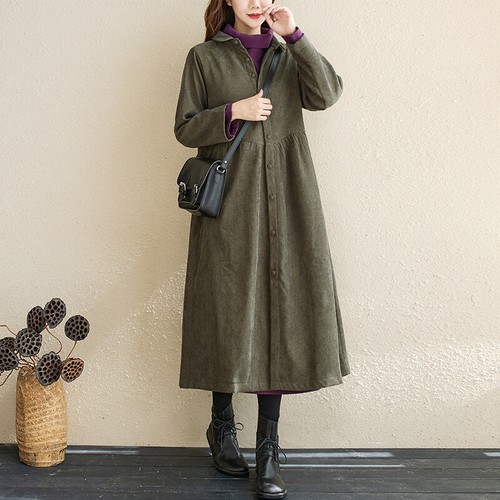 Lässiges lockeres Damenhemdkleid Cord Reverskragen Langarm Trench Oberbekleidung - Bild 5 von 10