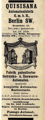 Wilh.Neumann Berlin Patent Getränke-u.Esswaren-Automaten Reklame von 1912