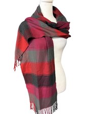 Scottish 100 Cashmere Scarf Red Gray Tartan Plaid Fringe Made In Scotland
