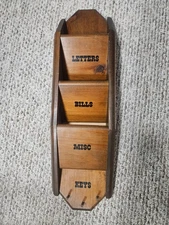 Vintage MCM Wood Wall Mount 3 Tier Mail Letters Bills Holder Organizer 3 Key Pes