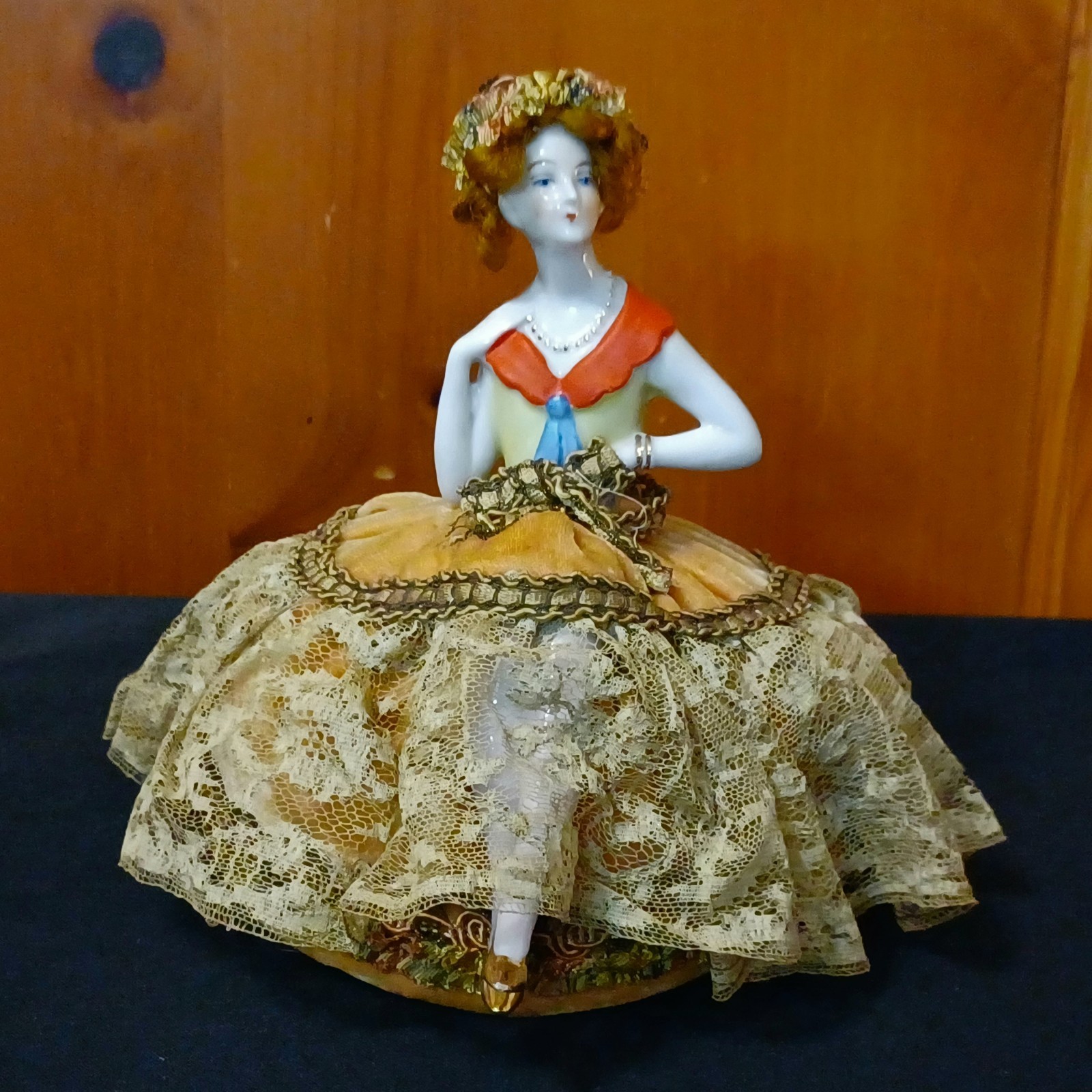 Antique Half Doll Porcelain Pin Cushion Hands/Legs/Hair/Brown Velvet Lace Dress 