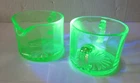 Green Depression Glass: Creamer and Sugar Bowl Block Optic Paneled Pattern Glows