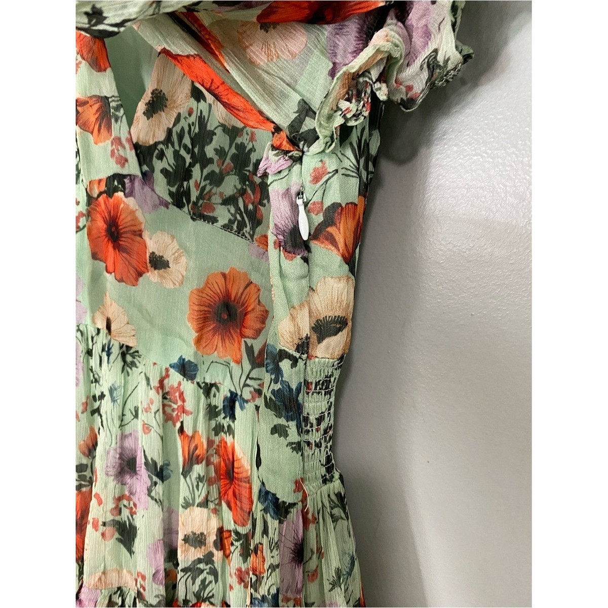 Anthropologie BHLDN Floral Chiffon Plunge Long Sleeve Ruffle Maxi Dress  Large | eBay