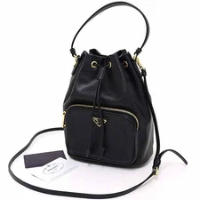 Prada Duet Bucket Bag 2WAY Shoulder Drawstring Soft Calf Saffiano Leather NERO