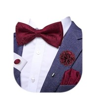 Bowtie for Men Paisley Floral Mens Pretied Bowtie and Lapel Pin Set Burgundy