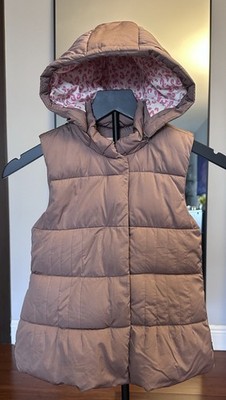 Girls Padded Vest Size 7Y Light Brown. Zip Removable Hood. Excellent Condition