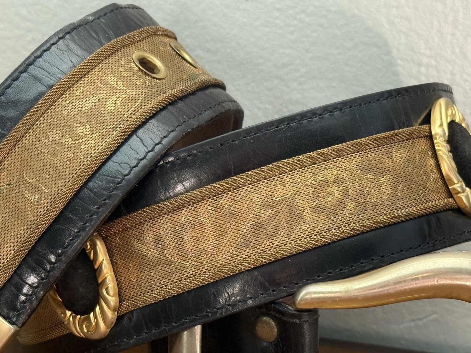 VTG Streets Ahead Gold Metal Mesh Chainmail Black Leather Belt Santa Monica CA