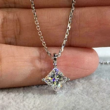 2Ct Princess Cut Lab Created Diamond Solitaire Pendant 14K White Gold Plated 18"