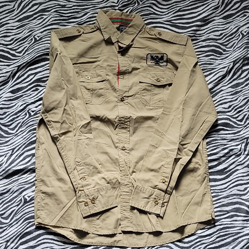 Avirex Men’s L Button-Up Long Sleeve Beige Solid Woven Cotton Shirt Pockets