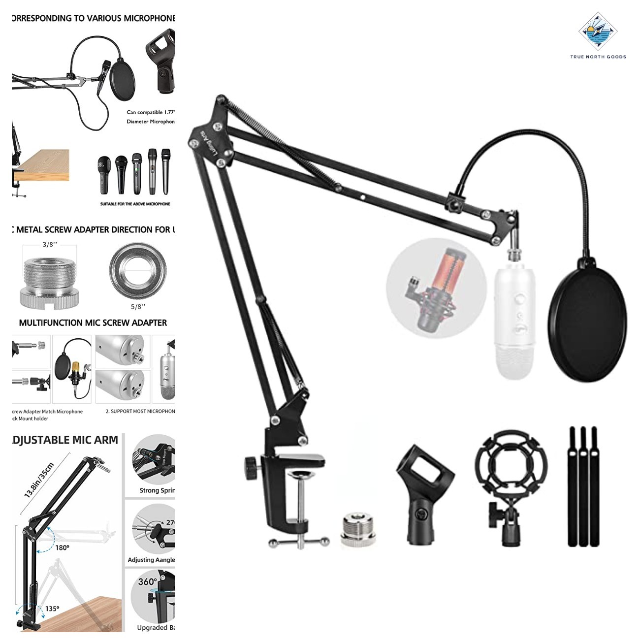 Microphone Stand Boom Arm Heavy Duty Adjustable Shock Mount Dual Pop Filter