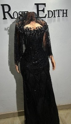 Rose Edith Black Lace Beaded Sequin High Neck Sheer Long Sleeve Gown S