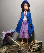Vintage 1960’s Horsman Mary Poppins Doll 12” with Parasol and Bag Plastic