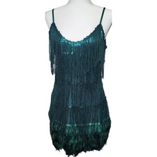 1920s Flapper Dress Gatsby Fringe Mini Feather Prom Party Dress Green Sz XL