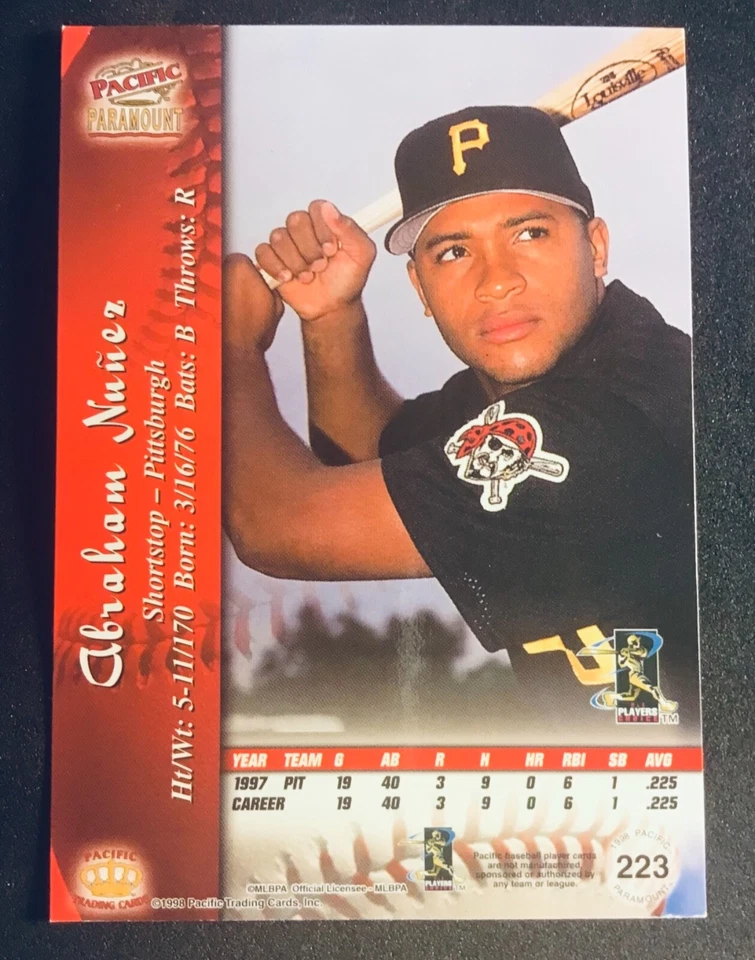 Pittsburgh Pirates ABRAHAM NUNEZ signed auto autographed 1998 PACIFIC PARAMOUNT - Image 2 of 2