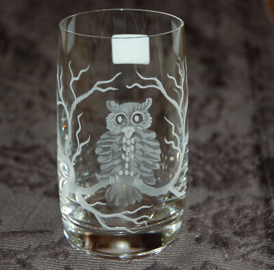  Schönes Trinkglas mit Eulen Uhu Kautz Owl Echt Handgeschliffen