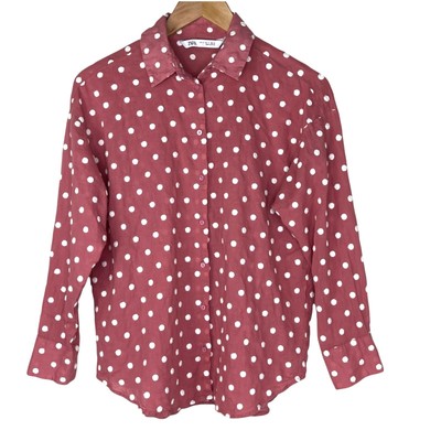 Zara Raised Polka Dot Button Down Casual Shirt Long Sleeve Dusty Pink Womens S