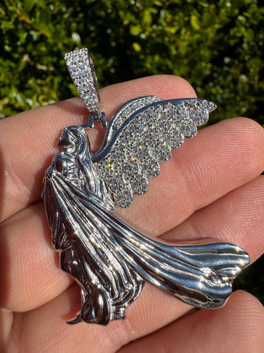 Moissanite Guardian Angel Wing Pendant Real 925 Silver Iced