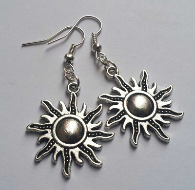 Silber Platte Tribal Sonne Tropfen Hänger Himmlisch New Age Ohrringe