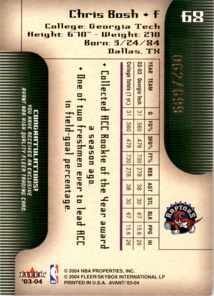 Fleer Avant #68 2003 Chris Bosh radiocontrol Toronto Raptors/699 Foto 2 de 2