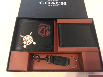 COACH Black Signature Baseball Bi-fold Wallet + Card Case + Key