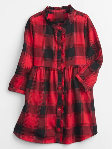 NWT Baby Gap Girls Dress shirtdress buffalo red black plaid holiday u pick size - Afbeelding 1 van 2