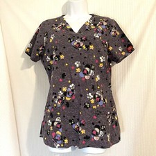 Dickies Scrub Top Womens V-Neck Gray Flowers Size S