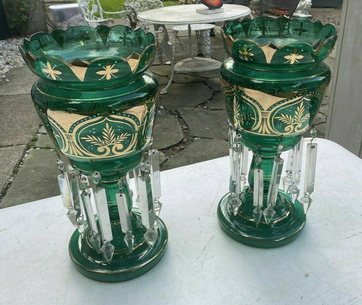 PAIR OF ANTIQUE VICTORIAN ART GLASS MANTLE LUSTERS EMERALD GREEN & GILT