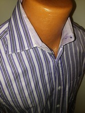 Medium Mens Bugatchi Dress Shirt Purple Striped Shaped Fit Flip Cuff .