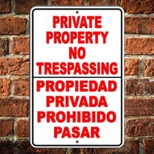 Private Property No Trespassing English Spanish Sign Metal Aluminum Surveillance