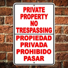 Private Property No Trespassing English Spanish Sign Metal Aluminum Surveillance