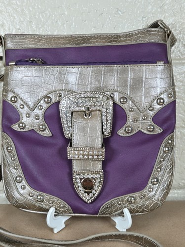 L&L Vegan Leather Purple Silver Snakeskin Crossbody Rhinestone Buckle Stud Purse - Picture 2 of 9