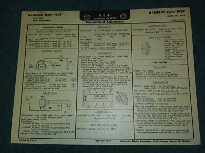 1959 RAMBLER V-8 MODELS A.E.A TUNE-UP CHART / USEFUL VINTAGE ITEM!