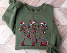 Dancing Skeleton Santa Hat Christmas Lights Sweatshirt, Festive Xmas Holiday Tee