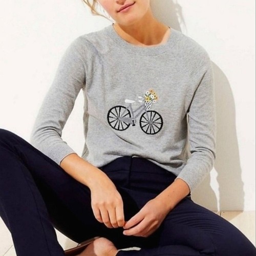 Ann Taylor LOFT 100% Cotton Grey Bicycle & Flower Lightweight Sweater sz S