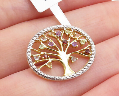 925 Silver Multi Color Topaz & Genuine Diamond Tree Of Life Pendant PT5091