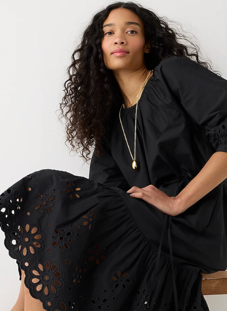 NWT J.CREW $198 Eyelet-trim midi dress, 100% Organic Cotton, Black
