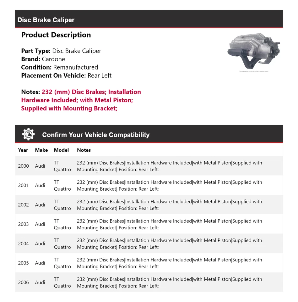 适用于 2000 - 2006 年奥迪 TT Quattro 盘式制动卡钳 左后 Cardone 2001 2002 — 第 2/4 张图片