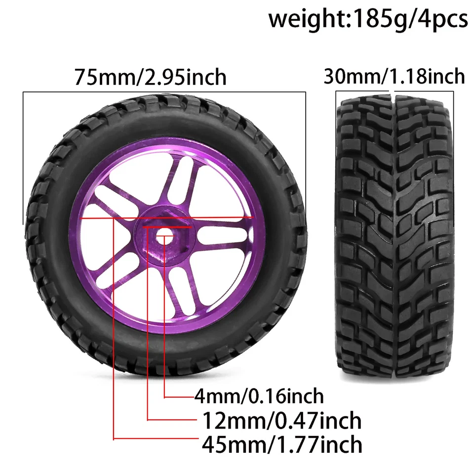 Pneus de aros de roda de metal 4x 75mm borracha para carro de controle remoto 1:10 HSP 94122 Tamiya XV01 TT02 - Imagem 3 de 4