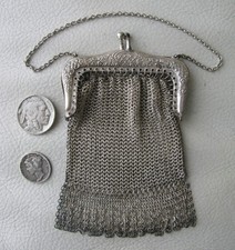 Antique Chatelaine Silver Floral Lattice Frame Mesh Fringe Tassels Coin Purse