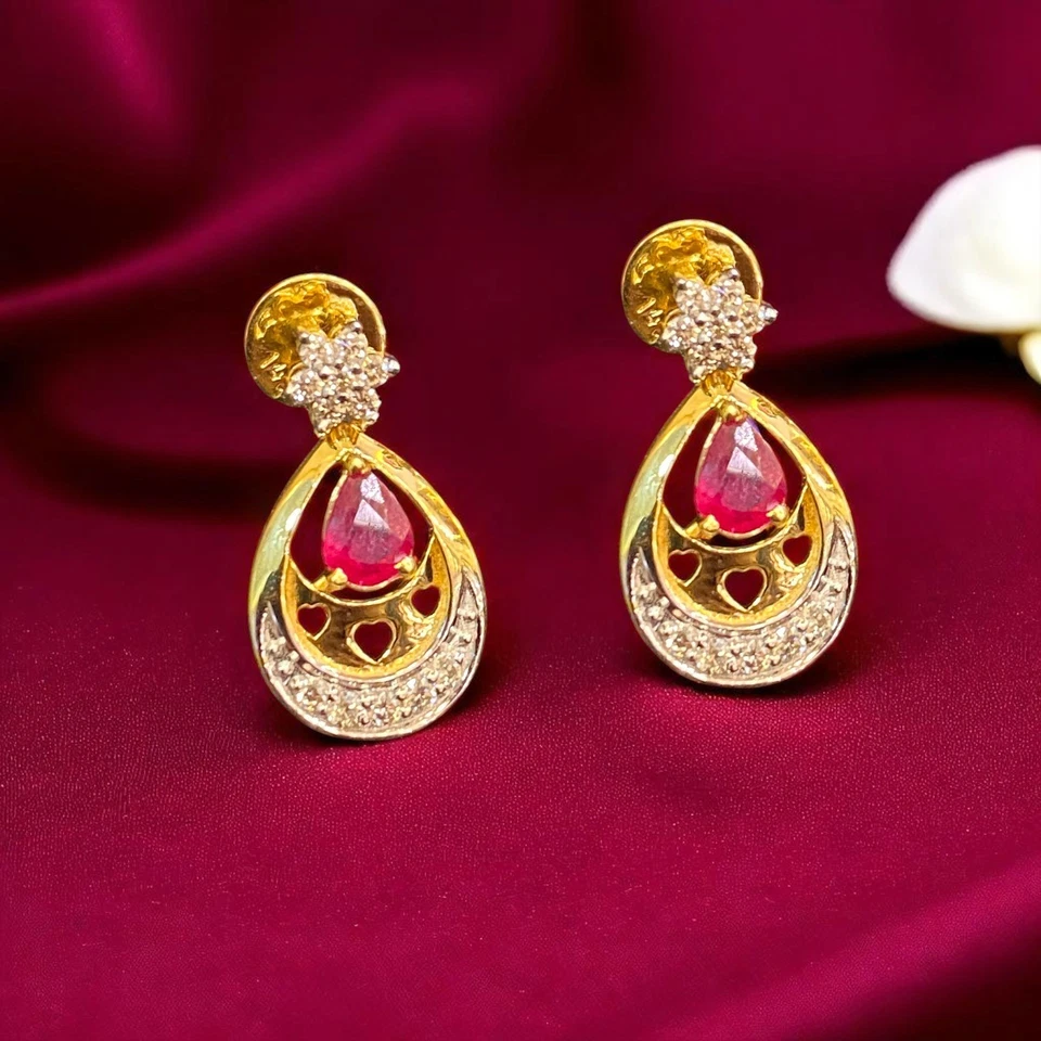 Elegant 1 Cts F/VS1 Round Brilliant Cut Diamonds Ruby Dangle Earrings 14K Gold - Image 2 of 4