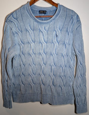 Polo Ralph Lauren Women's Light Blue Cable Knit Cotton Crewneck Pullover Sweater