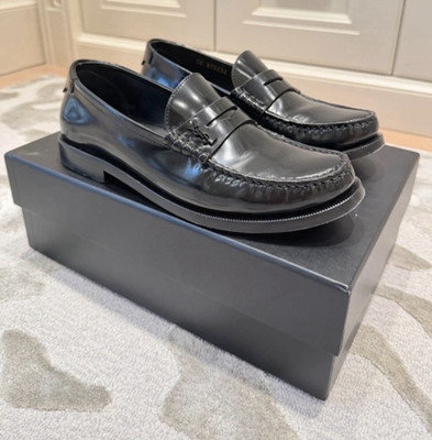 Saint Laurent YSL Black Leather Penny Loafers Shoes EU 37 Logo w/ Box