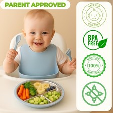 Stainless Steel Toddler Plate with Suction Medium, Butter Yellow Baby Blue