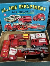 SSS Japan Fire Dept & Rescue 14 Pc. Tin Friction Toy Set Near Complete w/Box