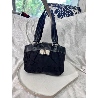 Chaps Black Jacquard Logo Canvas Shoulder Bag Faux Leather Trim Turn Lock